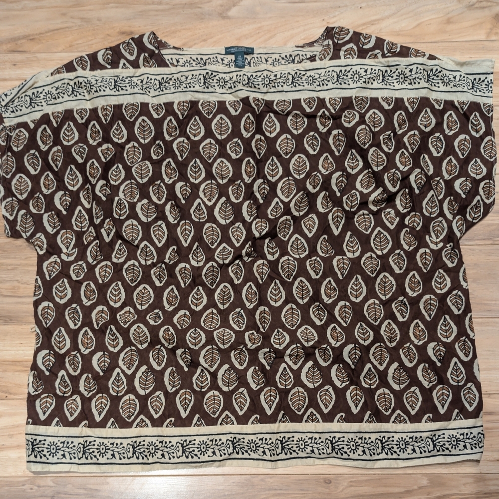 Lauren Ralph Lauren 2X Cotton Leaf Print Tunic Top Brown Boho Plus Size EUC
